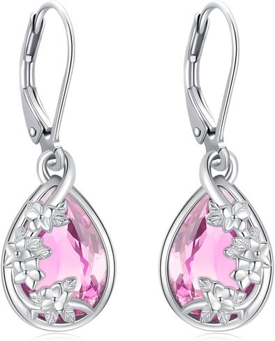 Flower Drop Dangle Teardrop Earrings 925 Sterling Silver Birthstone Leverback Earrings for Women Jewelry Gifts for Mother/Mom in Saudi Arabia