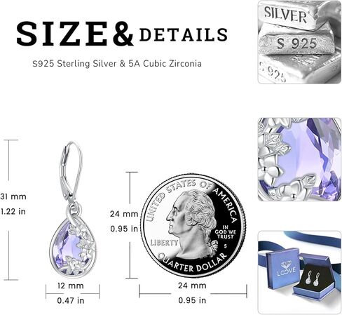 Flower Drop Dangle Teardrop Earrings 925 Sterling Silver Birthstone Leverback Earrings for Women Jewelry Gifts for Mother/Mom in Saudi Arabia