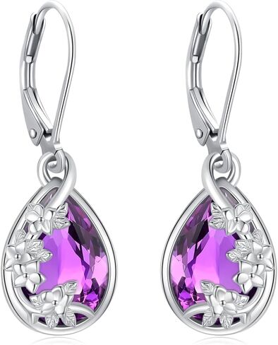 Flower Drop Dangle Teardrop Earrings 925 Sterling Silver Birthstone Leverback Earrings for Women Jewelry Gifts for Mother/Mom in Saudi Arabia