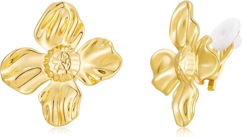 Gold Floral Clip On Earrings for Women 18K Gold Plated Trendy Floral Dangle Clip On Earrings Hypoallergenic Non Pierced Earrings Fashion Jewelry in Kuwait