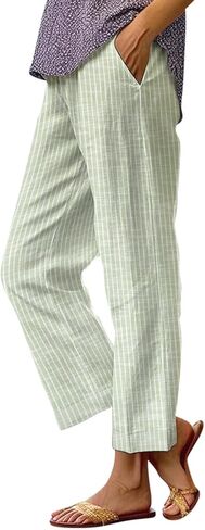 سراويل نسائية من الكتان بخصر مطاطي وساق مستقيمة وبنطلون شاطئ صغير للصيف غير رسمي in Kuwait