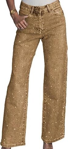 بنطال جينز نسائي واسع الساق متألق وواسع للخريف كاجوال كاجوال مرصع بأحجار الراين in Kuwait