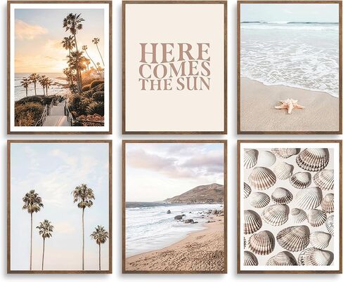 6Pcs Boho Coastal Wall Art Beach Palm Tree Seashell Posters Prints with “Here Comes the Sun" Neutral Ocean Themed Pictures Wall Decor for Bedroom Dorm Apartment Home Decoration 8''x10'' Unframed in Saudi Arabia
