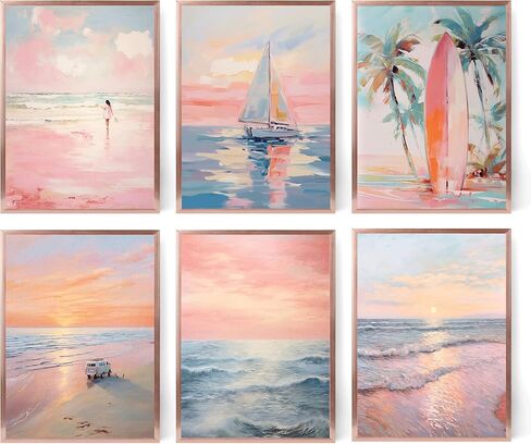 6Pcs Boho Coastal Wall Art Beach Palm Tree Seashell Posters Prints with “Here Comes the Sun" Neutral Ocean Themed Pictures Wall Decor for Bedroom Dorm Apartment Home Decoration 8''x10'' Unframed in Saudi Arabia
