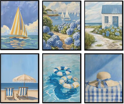6Pcs Boho Coastal Wall Art Beach Palm Tree Seashell Posters Prints with “Here Comes the Sun" Neutral Ocean Themed Pictures Wall Decor for Bedroom Dorm Apartment Home Decoration 8''x10'' Unframed in Saudi Arabia