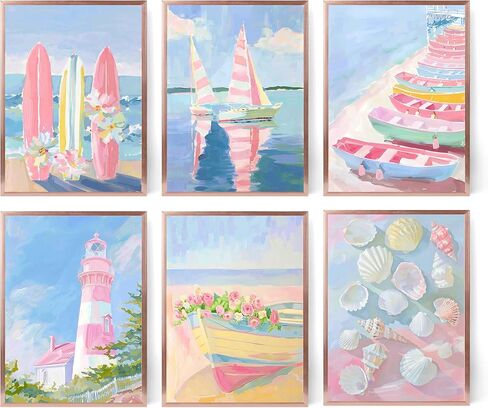 6Pcs Boho Coastal Wall Art Beach Palm Tree Seashell Posters Prints with “Here Comes the Sun" Neutral Ocean Themed Pictures Wall Decor for Bedroom Dorm Apartment Home Decoration 8''x10'' Unframed in Saudi Arabia