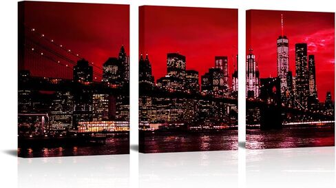 sechars 3 Pieces New York City Wall Art Canvas Black and White Red Brooklyn Bridge Night Skyline Picture Photo Print Modern Cityscape Poster Painting for Home Office Living Room Decor (Small) (Red) in Kuwait