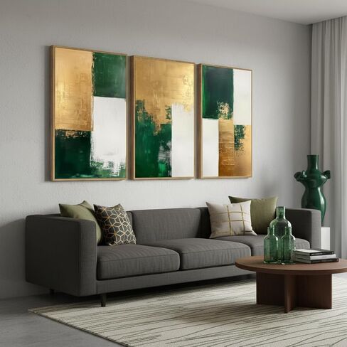 3 Pcs Emerald Green and Gold Canvas Wall Art Modern Luxury Abstract Minimalist Neutral Green gold Pictures Wall Decor Poster Print Artwork for Living Room Bedroom Office Home Decora Unframed in Saudi Arabia