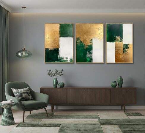 3 Pcs Emerald Green and Gold Canvas Wall Art Modern Luxury Abstract Minimalist Neutral Green gold Pictures Wall Decor Poster Print Artwork for Living Room Bedroom Office Home Decora Unframed in Saudi Arabia