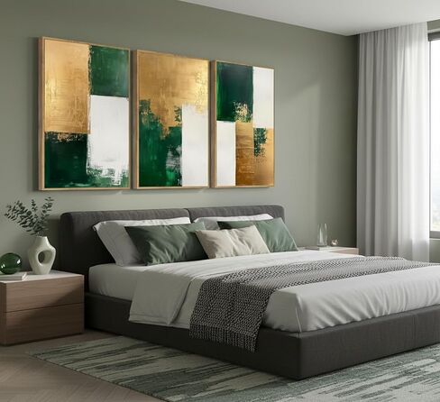 3 Pcs Emerald Green and Gold Canvas Wall Art Modern Luxury Abstract Minimalist Neutral Green gold Pictures Wall Decor Poster Print Artwork for Living Room Bedroom Office Home Decora Unframed in Saudi Arabia