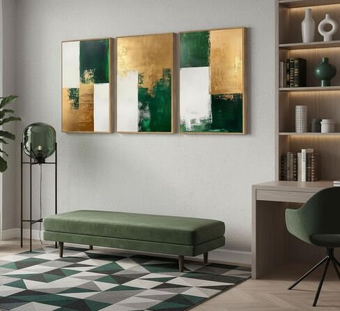 3 Pcs Emerald Green and Gold Canvas Wall Art Modern Luxury Abstract Minimalist Neutral Green gold Pictures Wall Decor Poster Print Artwork for Living Room Bedroom Office Home Decora Unframed in Saudi Arabia