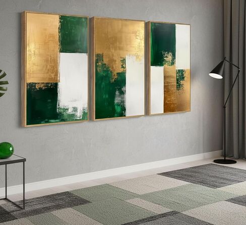 3 Pcs Emerald Green and Gold Canvas Wall Art Modern Luxury Abstract Minimalist Neutral Green gold Pictures Wall Decor Poster Print Artwork for Living Room Bedroom Office Home Decora Unframed in Saudi Arabia
