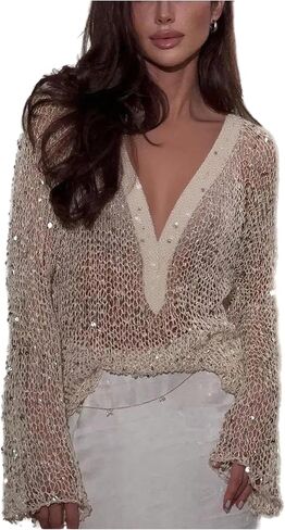 SweatyRocks Women's Sequin Sheer Crochet Sweaters V Neck Hollow Out Bell Sleeve Pullover Cover Ups Top in Saudi Arabia