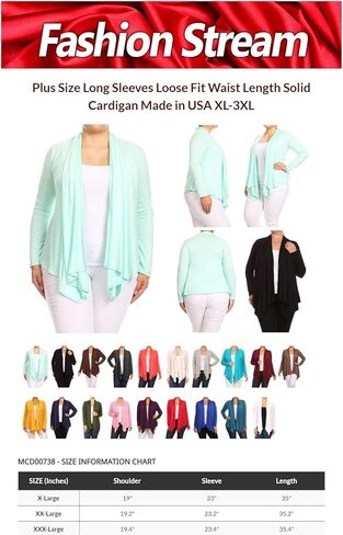 Women's Plus Size Long Sleeves Loose Fit Waist Length Solid Cardigan Made in USA XL-3XL in Saudi Arabia