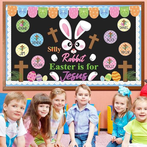 Easter Cross Bulletin Board Set Easter Christian Bunny Bulletin Board Decorations Spring Jesus Paper Cutouts with Name Tags for Classroom Sunday School Church Decor in Kuwait