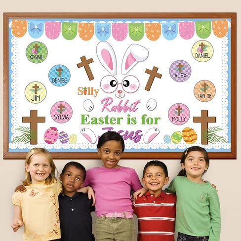 Easter Cross Bulletin Board Set Easter Christian Bunny Bulletin Board Decorations Spring Jesus Paper Cutouts with Name Tags for Classroom Sunday School Church Decor in Kuwait