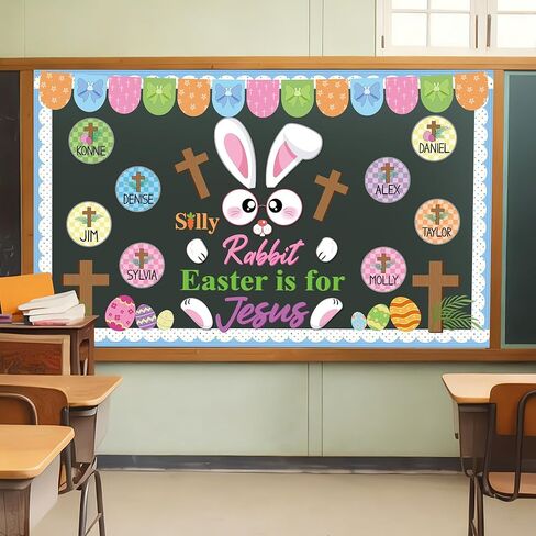 Easter Cross Bulletin Board Set Easter Christian Bunny Bulletin Board Decorations Spring Jesus Paper Cutouts with Name Tags for Classroom Sunday School Church Decor in Kuwait