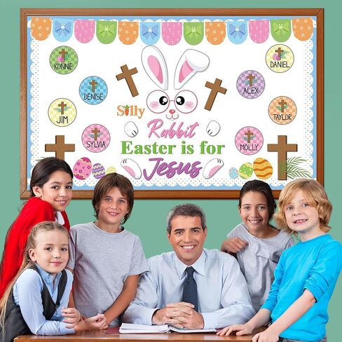 Easter Cross Bulletin Board Set Easter Christian Bunny Bulletin Board Decorations Spring Jesus Paper Cutouts with Name Tags for Classroom Sunday School Church Decor in Kuwait