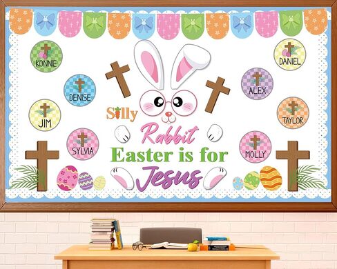 Easter Cross Bulletin Board Set Easter Christian Bunny Bulletin Board Decorations Spring Jesus Paper Cutouts with Name Tags for Classroom Sunday School Church Decor in Kuwait