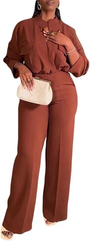 Dressy Casual 2 Piece Outfits for Curvy Women Plus Size Fashion Elegant Long Sleeve V-neck Shirt and Wide Leg Pant Set in Kuwait