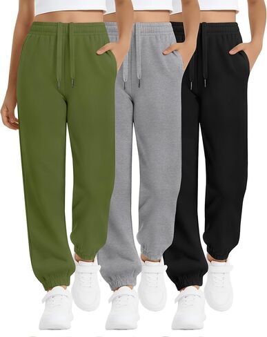 3 Pack Girls Sweatpants Joggers Elastic Drawstring Jogger Tapered Athletic Sweat Pants with Pockets for 5-14Y Kids in Kuwait