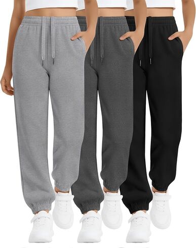 3 Pack Girls Sweatpants Joggers Elastic Drawstring Jogger Tapered Athletic Sweat Pants with Pockets for 5-14Y Kids in Saudi Arabia