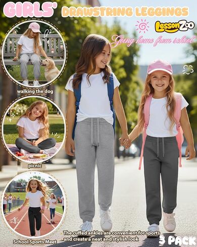 3 Pack Girls Sweatpants Joggers Elastic Drawstring Jogger Tapered Athletic Sweat Pants with Pockets for 5-14Y Kids in Saudi Arabia