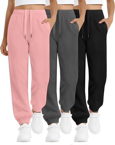 3 Pack Girls Sweatpants Joggers Elastic Drawstring Jogger Tapered Athletic Sweat Pants with Pockets for 5-14Y Kids in Saudi Arabia
