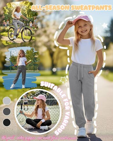 3 Pack Girls Sweatpants Joggers Elastic Drawstring Jogger Tapered Athletic Sweat Pants with Pockets for 5-14Y Kids in Saudi Arabia