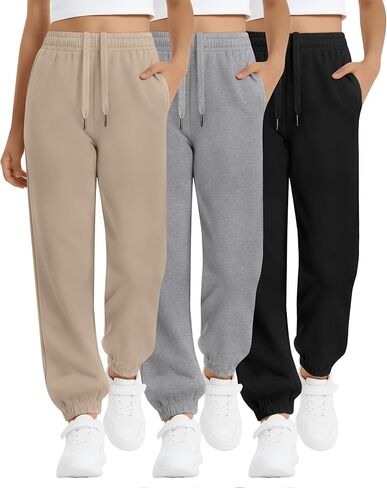 3 Pack Girls Sweatpants Joggers Elastic Drawstring Jogger Tapered Athletic Sweat Pants with Pockets for 5-14Y Kids in Saudi Arabia