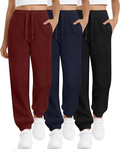 3 Pack Girls Sweatpants Joggers Elastic Drawstring Jogger Tapered Athletic Sweat Pants with Pockets for 5-14Y Kids in Saudi Arabia