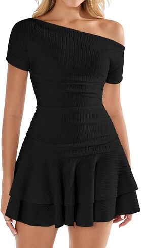 XinFSh Women's Summer Off The Shoulder Mini Dress Sexy Ruffle Flowy A Line Short Cocktail Party Dresses in Kuwait