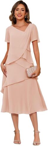 Women's Short Sleeve Mother of The Bride Dresses for Wedding 2026 Chiffon Formal Evening Dress PUS069 in Saudi Arabia
