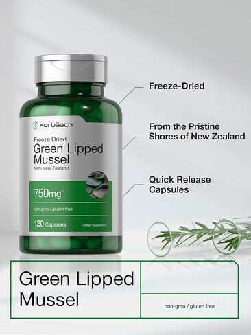 Green Lipped Mussel | 750 mg | 120 Capsules | from New Zealand | Premium Freeze Dried Mussel Powder | Non-GMO and Gluten Free | by Horbaach in Saudi Arabia