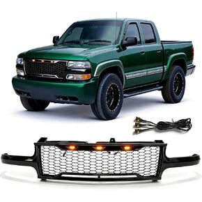 Front Grille Grill Compatible With 1999 2000 2001 2002 Chevy Silverado 1500 Glossy Black Mesh Grille w/LED Lamps Pickup Truck Insert Grills Front Hood Bumper in Saudi Arabia