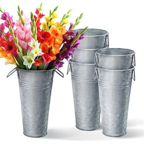 مزهرية معدنية طويلة من بليكسون للزهور، حاوية زهور معدنية بمقابض، مزهريات من الصفيح الفرنسي لبيت المزرعة للزهور مثالية لديكور المنزل في دلو لامع، فولاذ مجلفن، مجموعة من 6 قطع in Kuwait