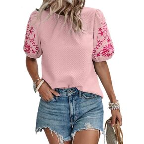 Chvity Womens Floral Embroidered Textured Tops Crewneck Puff Short Sleeve Casual Loose Solid Embroidery Blouses Shirts in Kuwait
