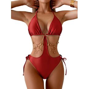 Women's Sexy One Piece Swimsuit Tie Side Cutout Bathing Suit Halter Neck Backless Swimwear Shiny Monokini in Kuwait