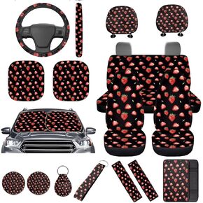 16 قطعة من أغطية مقاعد السيارة بالفراولة، مجموعة كاملة من مظلة السيارة السوداء للزجاج الأمامي غطاء عجلة القيادة التلقائي ومسند الذراع ووسادة مسند الرأس وأغطية حزام الأمان مع ملحقات الفاكهة وسلسلة المفاتيح in Kuwait
