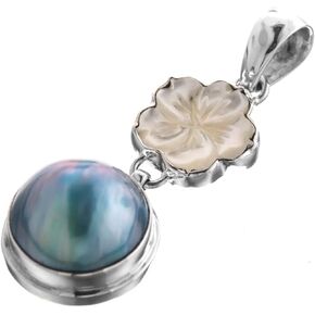 FifiRose Blue Mabe Cultured Pearl Flower White Mother of Pearl Shell 925 Sterling Silver Pendant 1 13/16" in Kuwait