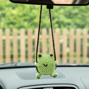 Swing Frog Car Accessories, Cute Crochet Frog Car Mirror Hanging Accessories Handmade Rearview Mirrior Decor Aesthetic Cars Decorations Hanging Ornament for Women Rearview Mirror Home Office in Kuwait