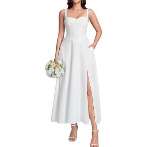 Women Floral Corset Midi Dress Lace Up Flowy A Line Slit Long Sundress Summer Casual Tea Party Dresses with Pockets in Kuwait