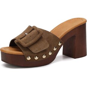 VICKI·VICKI صنادل نسائية بإبزيم من جلد الغزال، مفتوحة من الأمام وكعب مكتنز وكعب عالٍ، شرائح فستان صيفي مرصعة كلاسيكية in Kuwait