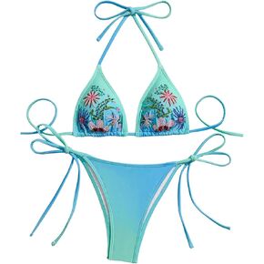 طقم بيكيني نسائي مكون من قطعتين، بدلة سباحة بسلسلة مثلثة مطرزة بالزهور، بدلة استحمام ذات قصة عالية in Kuwait