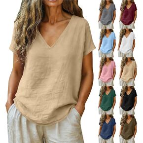 Wkishenl Summer Tops for Women 2026 Cotton Linen Deep V Neck Short Sleeve Tunic Blouses Loose Casual Vacation Trendy Clothes in Saudi Arabia