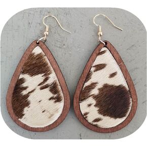 Lovely Cute Cow Print Earrings, Lightweight Genuine Leather Wood Teardrop Earrings, Handmade Hypoallergenic Earrings for Women Dangle Drop Jewelry in Kuwait