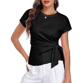 HOTIAN Womens Cap Sleeve T Shirts Tie Waist Tops Crew Neck Blouses Dressy Casual Loose Work Business Tees in Kuwait