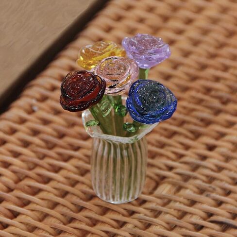 6 قطع من باقة زهور الورد الزجاجية الصغيرة مع مزهرية صغيرة ملونة من زهور الورد في صندوق شفاف لديكور المزهرية الصغيرة، والحرف اليدوية، وعيد الأم، وعيد الميلاد in Kuwait