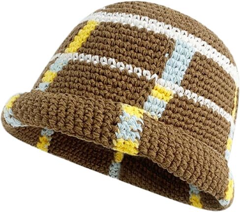 Women Crochet Bucket Hat Handmade Cloche Hat Knitted Beanies Floppy Fishing Hat Striped Outdoor Rainbow Color Hat in Kuwait
