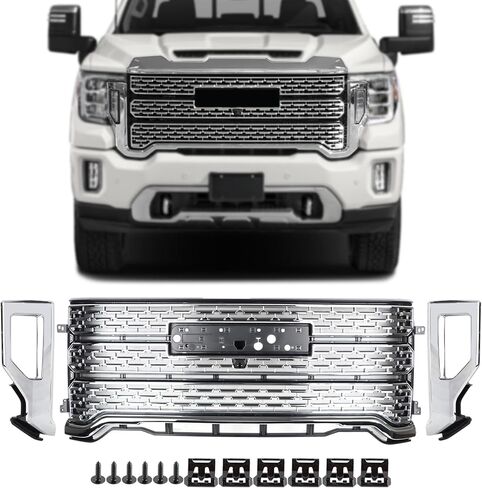 W/Camera View Glossy Black Grille Set 2pcs Compatible with 2020-2023 CMC Sierra 2500 Front Grille & Lower Front Grille in Kuwait